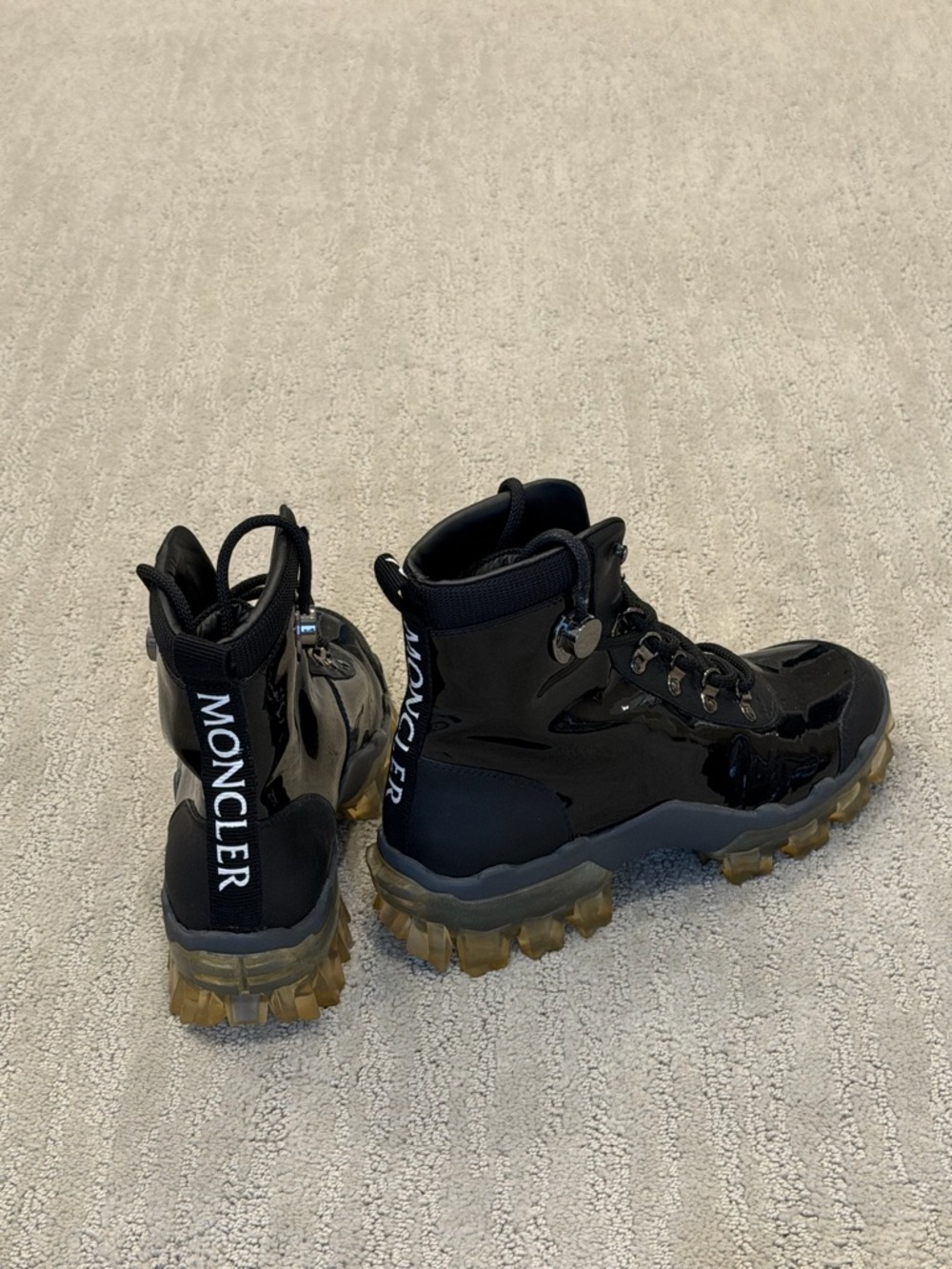 Moncler Patent Leather Colorblock Pattern Combat Boots- size 36.5